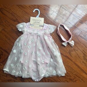 Madison Layne Pink Smocked Dress with Gold Floral Stitching